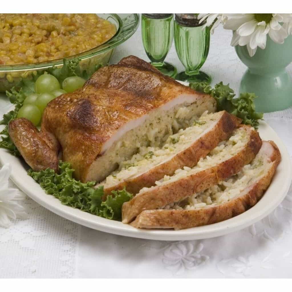 Partially Deboned Chicken Stuffed with Broccoli, Cheese & Rice —