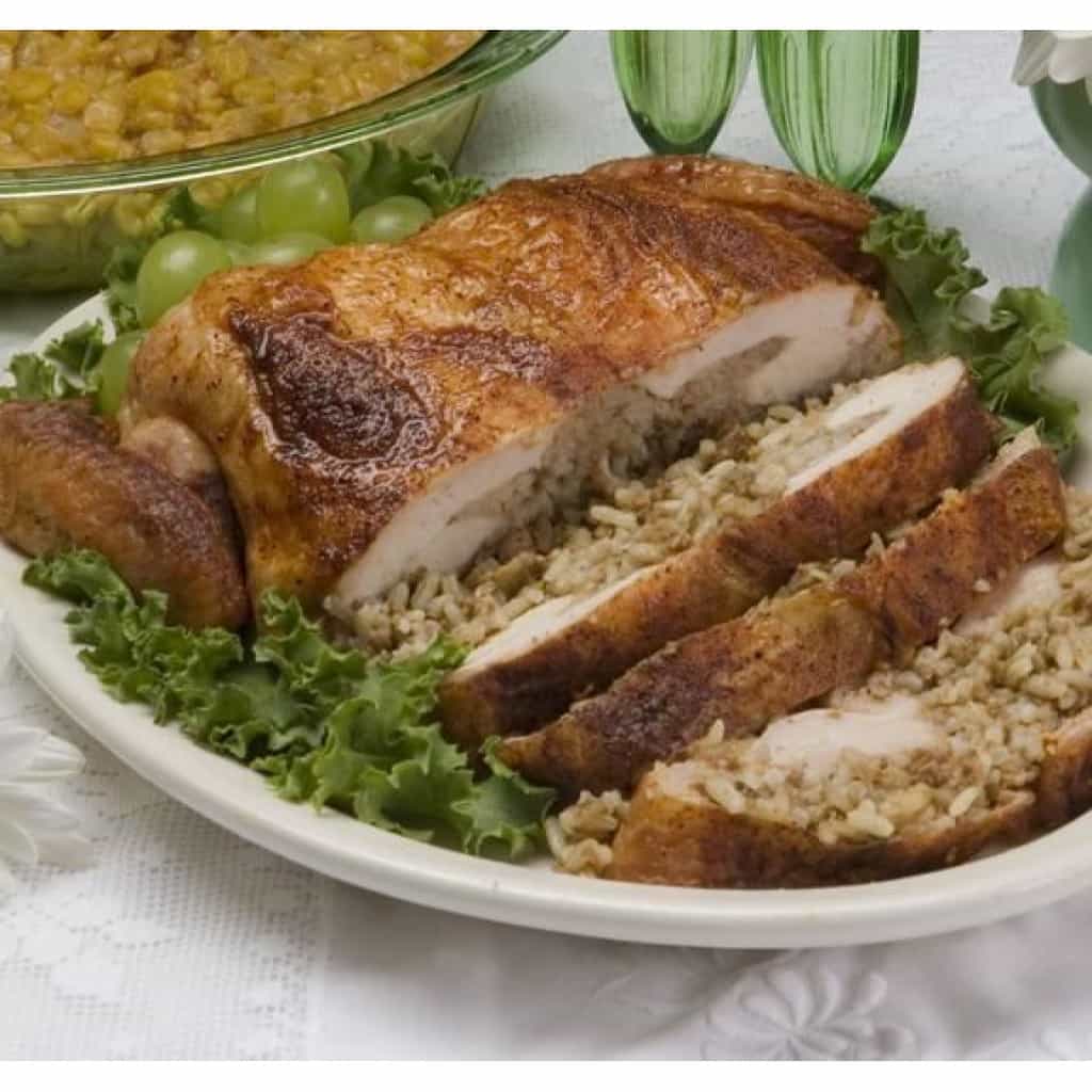 Partially Deboned Chicken Stuffed with Rice, Beef & Pork Dressing
