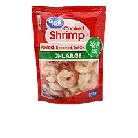 Great Value Frozen Cooked Extra Large Peeled & Deveined, Tail-on Shrimp, 12 oz (26-30 count per lb)