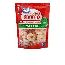 Great Value Frozen Cooked Extra Large Peeled & Deveined, Tail-on Shrimp, 12 oz (26-30 count per lb)