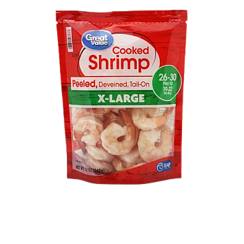 Great Value Frozen Cooked Extra Large Peeled & Deveined, Tail-on Shrimp, 12 oz (26-30 count per lb)